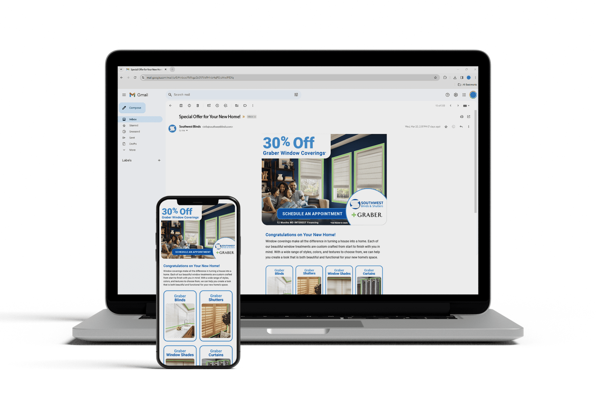 Southwest Blinds campaign email displayed on laptop and mobile screens