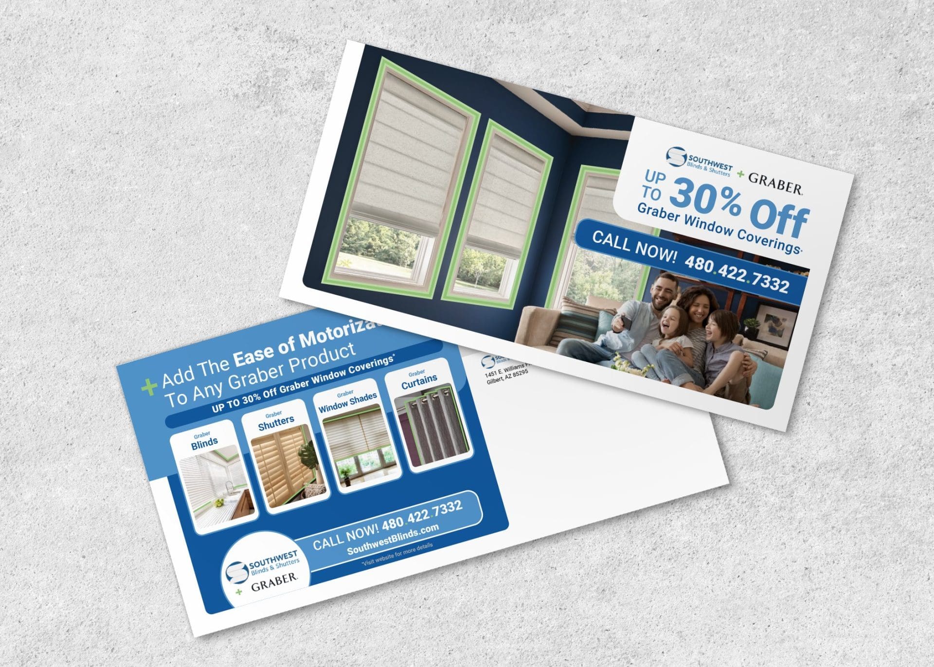 Southwest Blinds direct-mail campaign featuring a new-mover window-covering offer