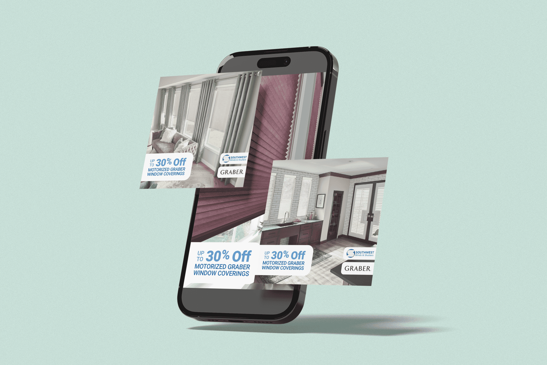 Southwest Blinds paid campaign creative arranged around a mobile device